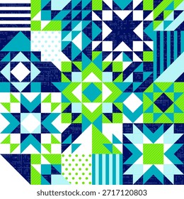 Patchwork de estrellas de Navidad de invierno, fondo geométrico, patrón de arte popular de edredón de Vector sin costuras