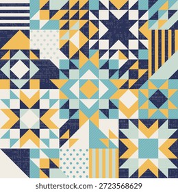 Patchwork de estrellas de Navidad de invierno, fondo geométrico, patrón de arte popular de edredón de Vector sin costuras