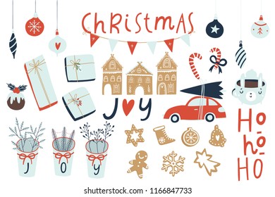 Winter and christmas sticker set. Hand drawn style illustrations and lettering - red car with christmas tree, presents, candies, toys ets. Vector illustration.