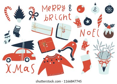 Winter and christmas sticker set. Hand drawn style illustrations and lettering - red car with christmas tree, presents, candies, toys ets. Vector illustration.