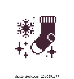 Winter Christmas stocking, sock, Xmas icon, New Year greeting card design. Isolated vector illustration. Game assets 1-bit sprite. Design for stickers, web, mobile app.