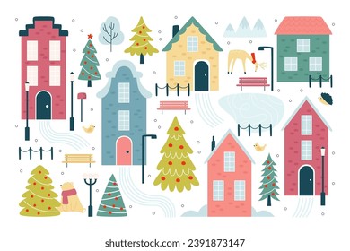 Calles navideñas de invierno con edificios residenciales de apartamentos y abeto decorado en la ilustración de los vectores de la ciudad. Campiña suburbana con animales bonitos y arquitectura de vacaciones en invierno