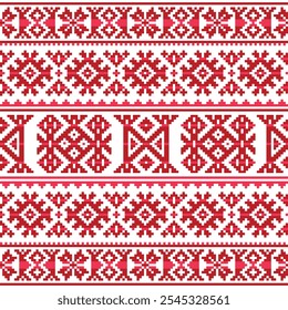 Winter or Christmas style Sami folk art vector red and white seamless pattern. Non-AI generated