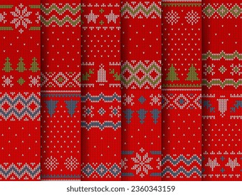 Texturas de patrón de hilo de suéter navideño invernal. Vector Xmas adorno de punto de vacaciones, árboles de Navidad rojos, blancos y verdes, nieve, campanas, copos de nieve y formas geométricas. Patrón de suéter o saltador feo