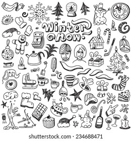 winter , Christmas symbols - doodles set