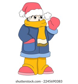 winter christmas teenage boy is wearing thick clothes. vector design illustration art