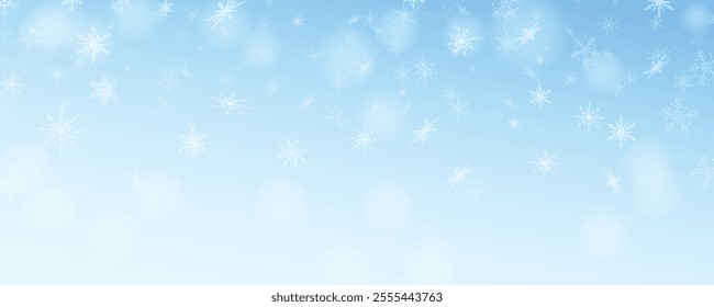 Winter Christmas template. Elegant snowfall scene with frosted backdrop and delicate snowflakes, ideal for festive designs. 