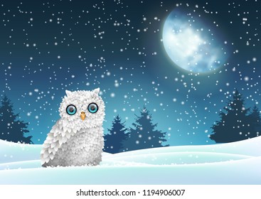 Winter Christmas Theme Wit White Fluffy Owl Sitting In Snow Under Big Shinny Moon On Dark Sky, Vector Illustration, Eps 10 With Transparency