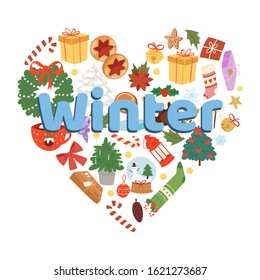 Winter and Christmas time vector illustrations on white background in heart shape. Winter holiday elements and objects. Gifts, cookies, christmas tree, wreath and socks with toys cartoon card.