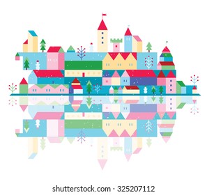 Winter Christmas town with fir trees and snowmen