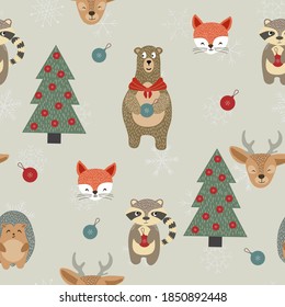 Winter Weihnachtsbaum und Schneeflocken Vektor nahtlose Muster. Hedgehog und Bär Happy Design. Weihnachtscreme Fantastisches Drucken.