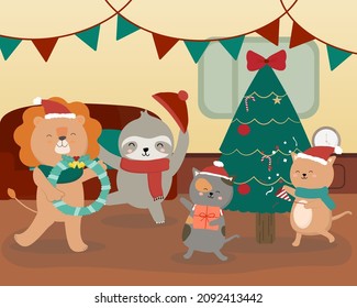 Winter Christmas tree and animal family decorating Christmas tree in the room. Vector illustration design element for invitation card, party, New Year's, Christmas, web, cards and publication