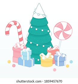Winter Christmas tree with light garland and presents isolated on white background. 3d isometric vector illustration for web banner