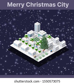 Winter Christmas tree, New Year is an isometric city with streets, roads, houses and transport