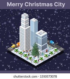 Winter Christmas tree, New Year is an isometric city with streets, roads, houses and transport