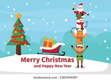 Winter christmas tree with santa claus and team  illustration design element for invitation card, party, new year's,