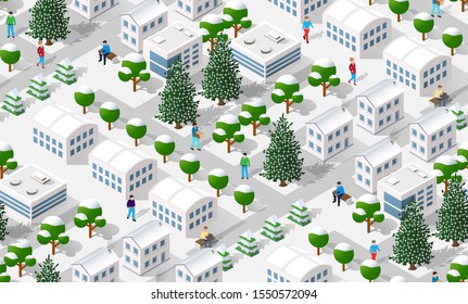 Winter Christmas tree seamless background, New Year is an isometric city with streets, roads, and transport