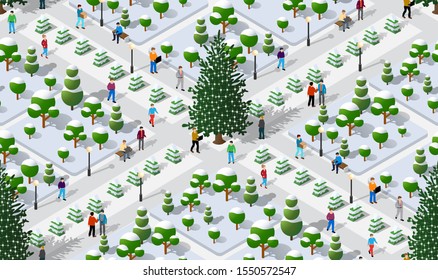 Winter Christmas tree seamless background, New Year is an isometric city with streets, roads, and transport