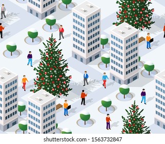 Winter Christmas tree seamless background, New Year is an isometric city with streets, roads, and transport