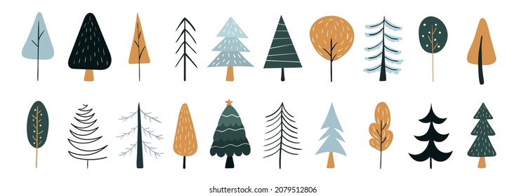 Winter Christmas tree set. Doodle collection. Vector illustration