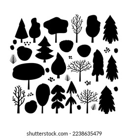 Winter Christmas Tree Silhouettes Set. Vector Illustration of Nature Plants and Bushes.