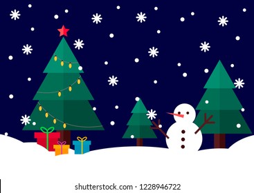 Winter Christmas tree in snow decorated with yellow light bulbs and snowman 