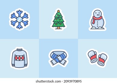 winter christmas with tree snowman jacket sweather and gloves icon for sticker or stickers set collection