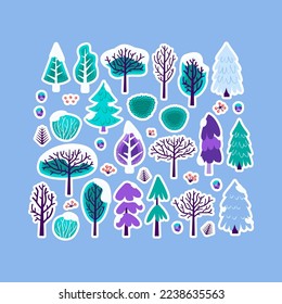 Winterweihnachtsbaum-Sticker-Set. Vektorgrafik von Naturpflanzen und Bussen.