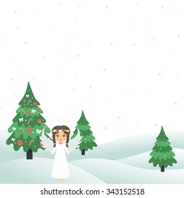 winter with christmas trees and christmas angel