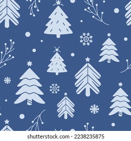 Winter Christmas trees background. Seamless Pattern with Christmas trees for Winter and Christmas theme. Christmas design for greeting cards, wrapping papers, wallpaper, fabric prints. Vector illustra