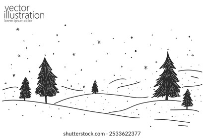 Winter Christmas trees hand drawn greeting card. Engraving ink decoration fir trees with stars. Winter holidays drawing design vector illustration