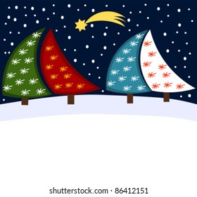 Winter Christmas trees in the night. Vector illustration background