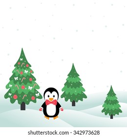 winter with christmas trees and penguin