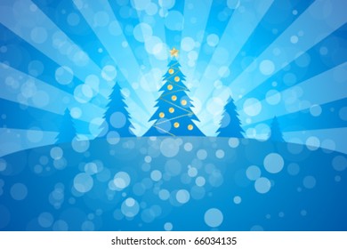 Winter Christmas trees with rays in blue color