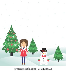 winter with christmas trees and snowman and girl