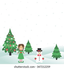 winter with christmas trees and snowman and girl elf