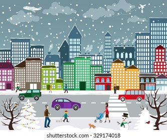 Winter Christmas Urban Landscape. View Of City Street With Industrial Buildings And Shopping Centers. Roadway With Car Traffic And Pedestrians On The Sidewalk In The Foreground