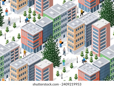 Winter Christmas urban quarter modules for the construction of a large isometric metropolis city perspective