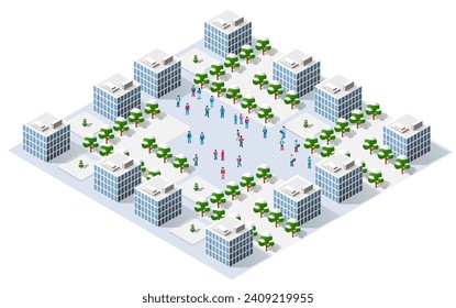 Winter Christmas urban quarter modules for the construction of a large isometric metropolis city perspective