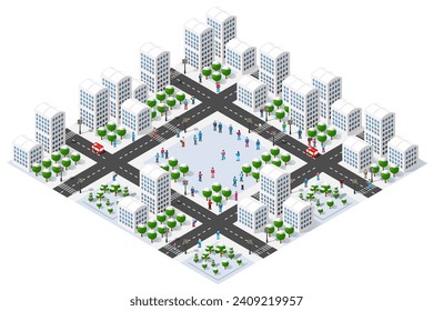 Winter Christmas urban quarter modules for the construction of a large isometric metropolis city perspective