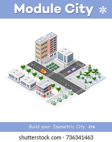 Winter Christmas urban quarter modules for the construction of a large isometric metropolis city perspective