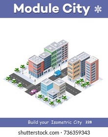 Winter Christmas urban quarter modules for the construction of a large isometric metropolis city perspective