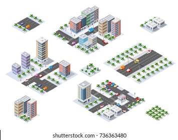 Winter Christmas urban quarter modules for the construction of a large isometric metropolis city perspective