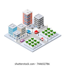 Winter Christmas urban quarter modules for the construction of a large isometric metropolis city perspective