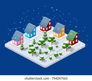 Winter Christmas urban quarter modules for the construction of a large isometric metropolis city perspective