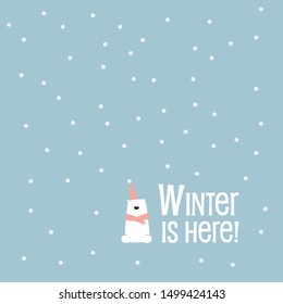 Winter and christmas vector background with little adorable cute drawing of polar bear with santa hat and scarf and snow falling. Seasonal holiday card template. Eps10 illustration.
