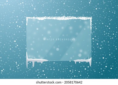 Winter Christmas vector background with transparent glass frosted snowy frame in glassmorphism style. Vector illustration.