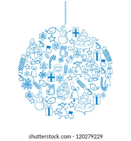 Winter christmas vector ball with hand drawn holiday objects