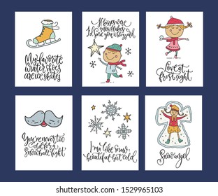 Winter and Christmas vector card set. Calligraphy lettering greeting text and cartoon doodle holiday illustrations. Happy New year poster collection. Snow angel, Love at frost sight.