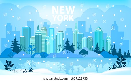 Winter Christmas vector city landscape with New York skyscrapers, snow, lake, pine tree. Holiday x-mas metropolis view with high buildings exterior, snowdrifts, sky. Winter city outdoor urban postcard